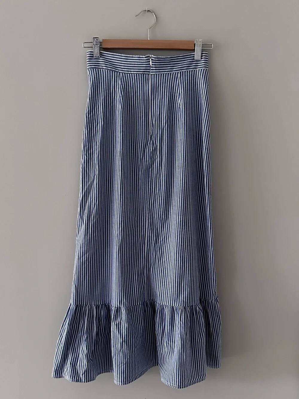 Striped Blue Button-Front Midi Skirt with Ruffle Hem